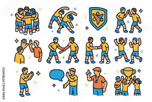 Teamwork Icons Set. Colorful isometric vector icons set of teamwork in sports: group huddle, synchronized stretching, passing drill, team logo, encouragement