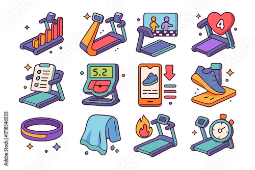Colorful Treadmill Icons. Colorful isometric vector icons set of advanced treadmill training: HIIT intervals, steep incline, race simulation, heart rate zone ,