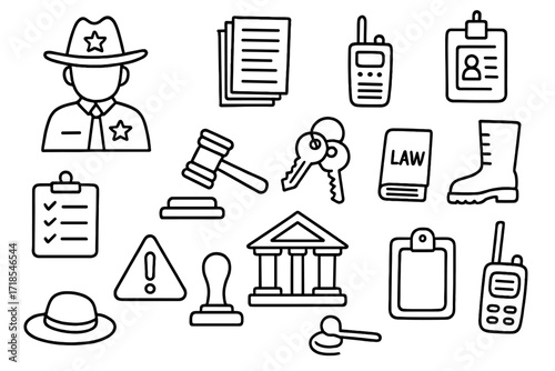 Sheriff's Essentials Doodle Icons. Hand-drawn doodle illustration Court-appointed enforcement officer sheriff icon, document stack, radio, gavel, law book, ID