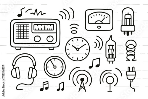 Vintage Radio Doodle. Hand-drawn doodle illustration [vintage radio equipment] retro radio, tuning wheel, analog meter, vacuum tube, wooden case, coil icon,