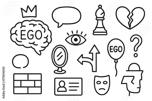 Psychological Ego Doodles. Hand-drawn doodle illustration [Psychological ego] brain, crown, inner voice bubble, chess piece, eye, lightning bolt, mirror,