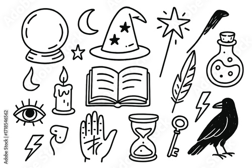 Magical Doodle Icons. Hand-drawn doodle illustration Crystal ball crystal ball, wizard hat, magic wand, moon, star, candle, potion bottle, book, feather quill,