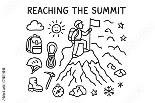 Summit Climb Doodle. Reaching the Summit. Hand-drawn doodle illustration reaching the summit mountain peak, climber, flag, rope, backpack, boots, helmet, ice