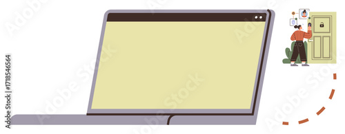 Laptop screen linked to a person unlocking a secure door using a keycard. Ideal for online authentication, cybersecurity, remote access, smart technology, digital identity, data protection, simple