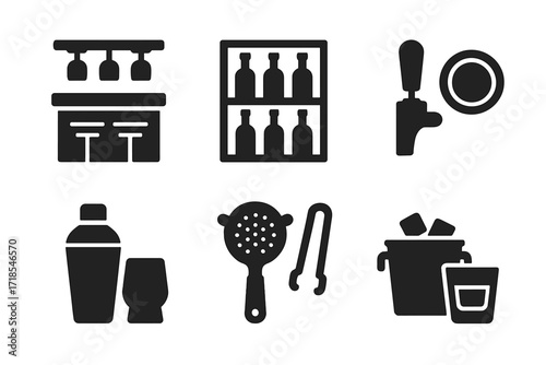 Whiskey Bar Icons. Solid, filled icon set of whiskey bar elements: bar counter, bottle rack, tap handle, coasters, cocktail shaker, strainer, ice bucket,