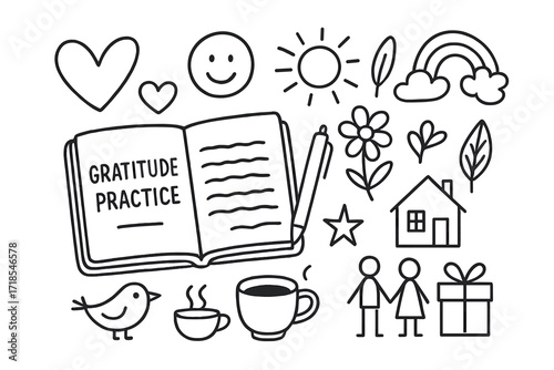 Gratitude Doodle Icons. Hand-drawn doodle illustration Gratitude practice [open notebook, pen, heart, smiling face, sun, flower, leaf, rainbow, star, cloud,