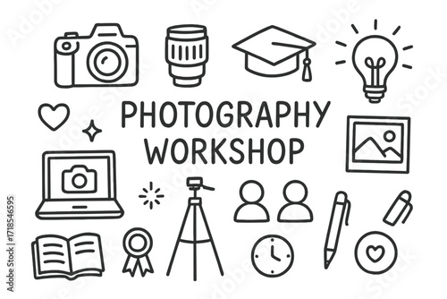 Photography Workshop Icons. Hand-drawn doodle illustration Photography workshop camera, lens, tripod, book, graduation cap, light bulb, photo frame, laptop,