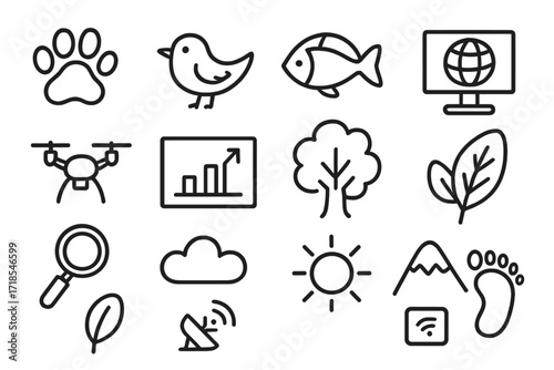 Wildlife Digital Doodles. Hand-drawn doodle illustration digital twins for wildlife animal paw, bird, fish, globe, computer, drone, chart, tree,