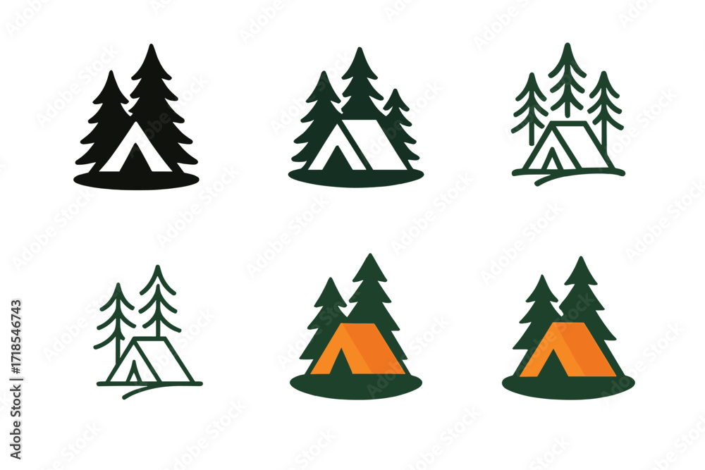 Obraz premium Outdoor Logo Variations. outdoor adventure. Set Logo of outdoor adventure: tent under trees. harmonious logo variations of the same emblematic concept, each