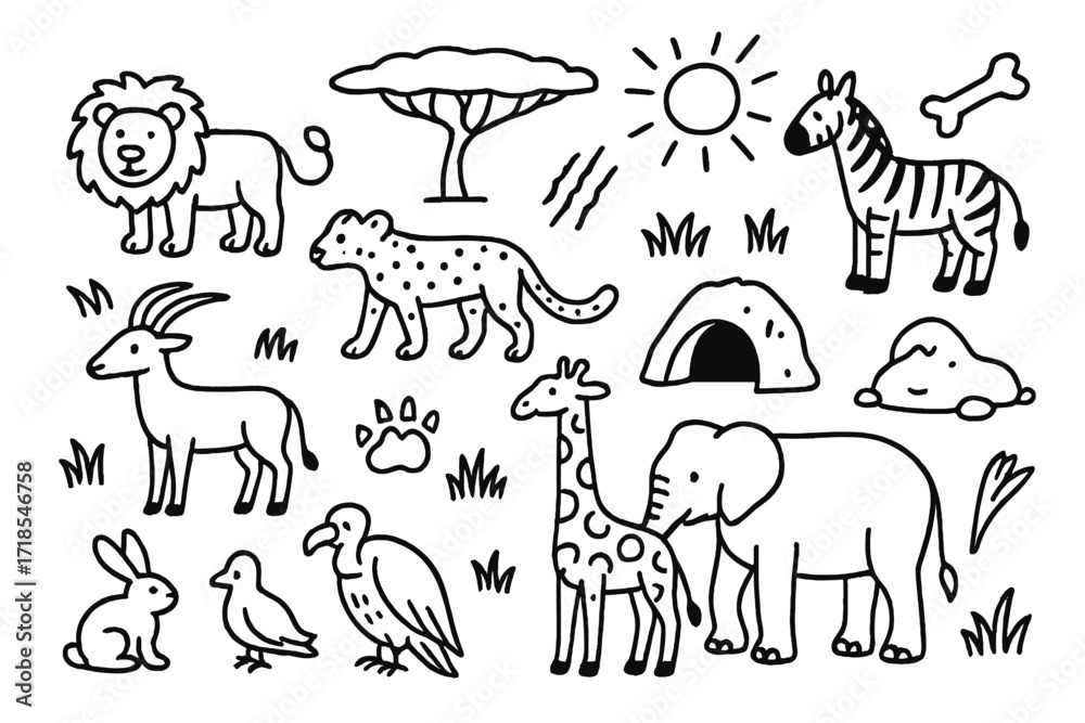 Fototapeta premium Savanna Wildlife Doodles. Hand-drawn doodle illustration savanna prey and predators lion, cheetah, zebra, antelope, giraffe, elephant, paw print, claw mark,