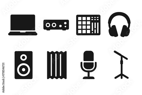 Home Studio Essentials. Solid, filled icon set of home studio setup: laptop, audio interface, MIDI controller, headphones, condenser mic, studio monitors,