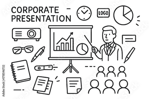 Corporate Presentation Doodles. Hand-drawn doodle illustration Corporate presentation [projector, screen, graph, bar chart, pie chart, presenter, pointer