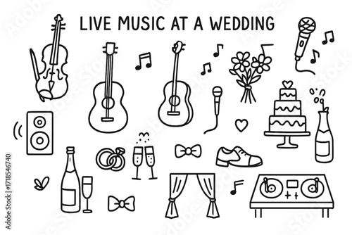 Wedding Music Doodles. Hand-drawn doodle illustration Live music at a wedding violin, cello, guitar, microphone, speakers, music notes, wedding cake, wedding