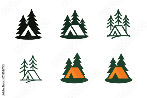 Outdoor Logo Variations. outdoor adventure. Set Logo of outdoor adventure: tent under trees. harmonious logo variations of the same emblematic concept, each