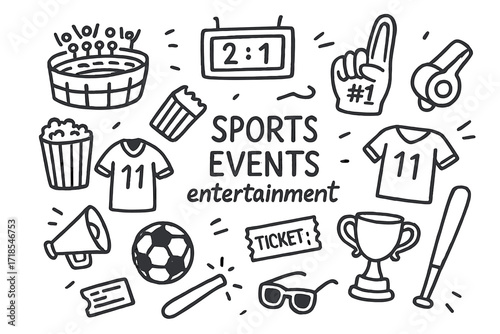 Sports Doodle Icons. Hand-drawn doodle illustration [Sports events as entertainment] [stadium, cheering crowd, football, scoreboard, referee whistle, foam