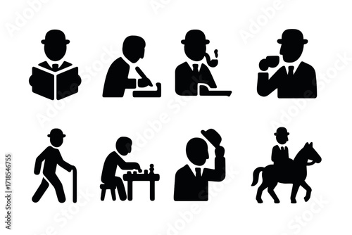 Gentleman Activity Icons. Solid, filled icon set of gentleman activities: reading book, writing letter, smoking pipe, drinking tea, walking cane, playing