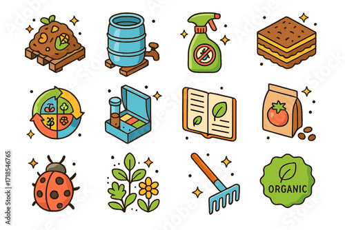 Organic Gardening Icons. Colorful isometric vector icons set of Organic gardening practices: compost pile, rainwater barrel, natural pesticide spray, mulch