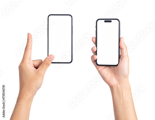 Two hands holding smartphones with blank screens, isolated on black