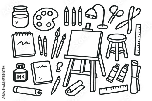 Creative Artist Tools. Hand-drawn doodle illustration Creative artist space, easel, paintbrush, palette, canvas, sketchbook, pencils, ink bottle, stool, lamp,