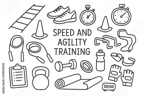 Speed and Agility Icons. Hand-drawn doodle illustration [speed and agility training] [agility ladder, running shoes, stopwatch, cones, hurdles, jump rope,