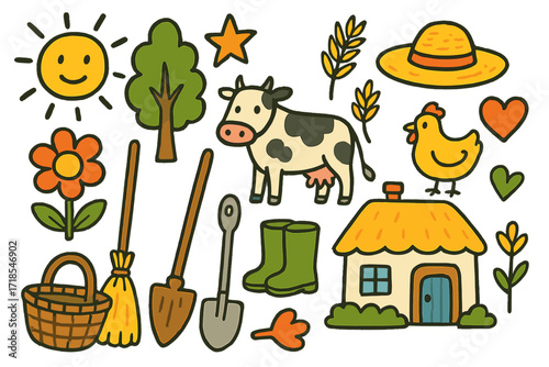 Chores Doodle Illustration. Daily chores. Colorful Hand-drawn doodle Children illustration basket, broom, shovel, boots, straw hat, wheat, flower, tree, cow,