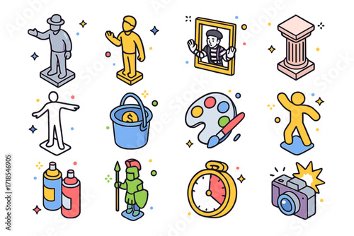 Colorful Living Statues Icons. Colorful isometric vector icons set of living statues: silver-painted figure, gold-painted performer, mime with frame, pedestal,
