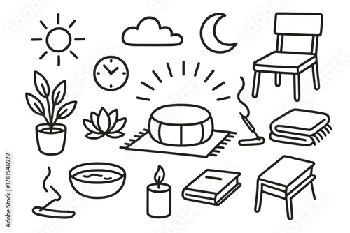 Meditation Corner Doodles. Hand-drawn doodle illustration meditation corner cushion, floor mat, incense stick, candle, lotus flower, water bowl, book, plant,
