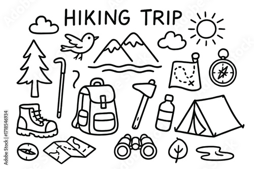 Hiking Adventure Icons. Hiking Trip. Hand-drawn doodle illustration hiking trip boots, backpack, walking stick, map, compass, water bottle, tree, mountain,