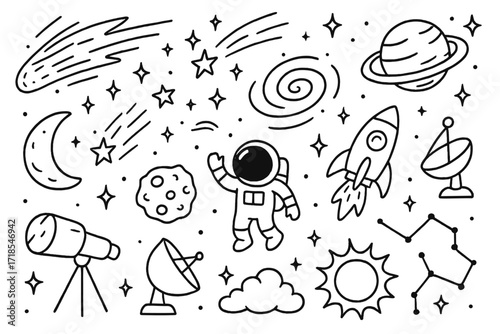 Space Doodle Exploration. Hand-drawn doodle illustration Comet shower comet, multiple shooting stars, galaxy swirl, planet, moon, rocket, astronaut, telescope,