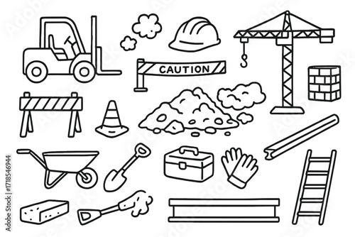 Construction Site Doodles. Hand-drawn doodle illustration [forklift at construction site] [forklift, construction barrier, rubble pile, cone, helmet, dust