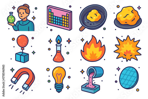 Iconic Scientific Discoveries Icons. Colorful isometric vector icons set of iconic element discoveries: Marie Curie with radium, Mendeleev?s periodic table,