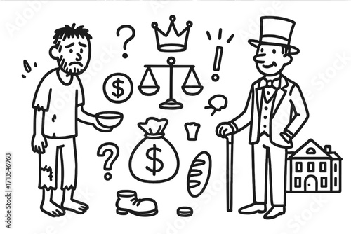 Social Class Contrast. Hand-drawn doodle illustration social class divide rich man with cane, poor beggar, money bag, crown, bread loaf, scale, coin, broken