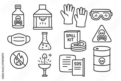 Chemical Safety Icons. Hand-drawn doodle illustration chemical safety in production chemical bottle, warning label, hazard symbol, fume hood, gloves, safety