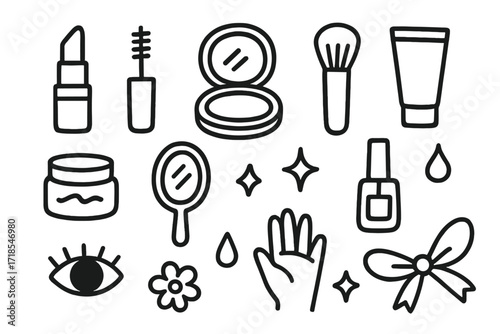 Makeup Essentials Doodle. Hand-drawn doodle illustration Makeup essentials lipstick, mascara tube, compact powder, blush brush, cosmetic tube, cream jar,