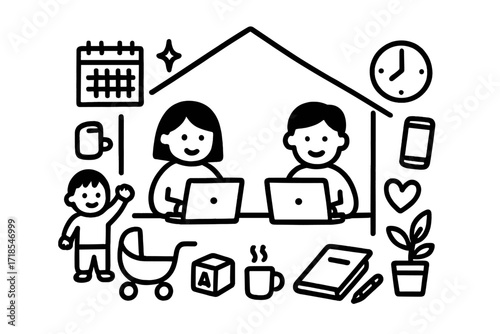Parents Working Doodle. Hand-drawn doodle illustration Parents working from home [house, laptop, parent figure, child figure, stroller, toy block, calendar,