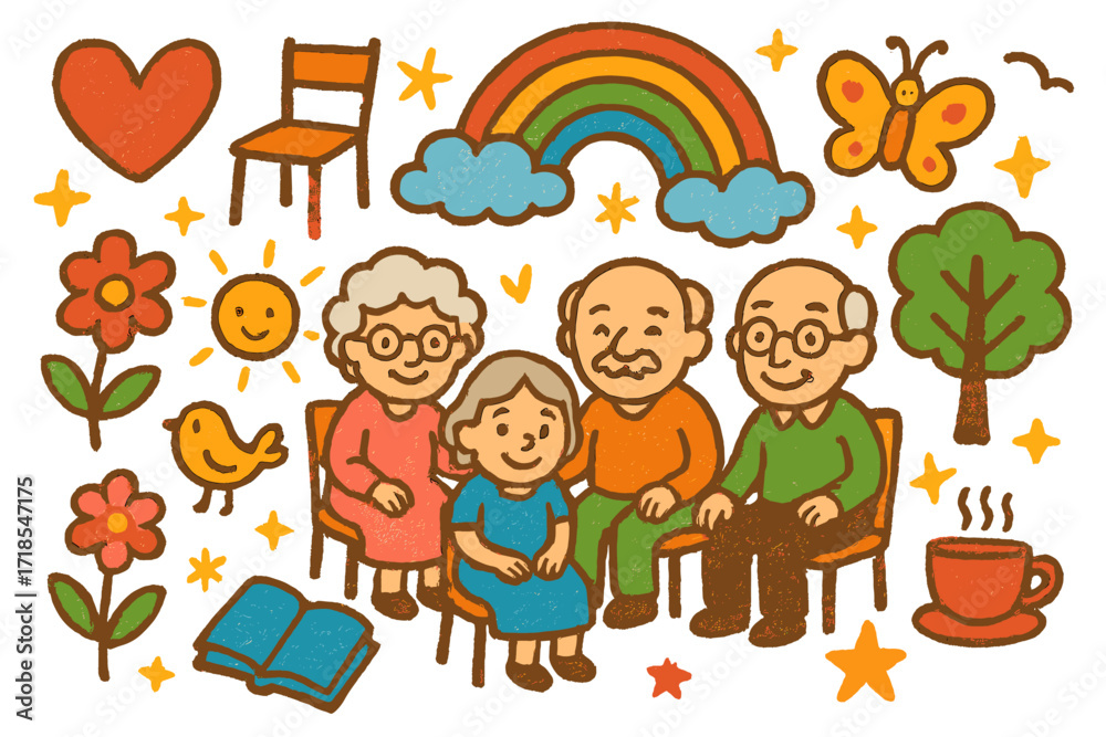 Fototapeta premium Elders' Joyful Gathering. Colorful Hand-drawn doodle Children illustration Community of Elders group of elderly, chairs, heart, rainbow, sun, cloud, flower,