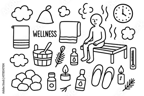 Sauna Essentials Doodle. Hand-drawn doodle illustration Wellness sauna, steam clouds, sauna bench, person sitting, towel, sauna hat, bucket, ladle,