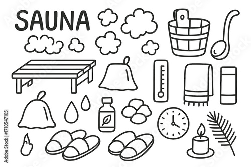 Sauna Essentials Doodle. Hand-drawn doodle illustration Sauna steam, sauna bench, steam clouds, wooden bucket, ladle, towel, sauna hat, thermometer, water