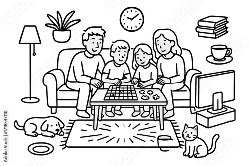 Family Game Night. Hand-drawn doodle illustration [Family spending time together at home] [sofa, coffee table, TV, board game, puzzle, family members, books,