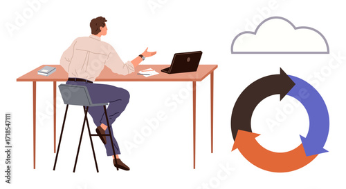 Man sitting at desk using laptop, next to looping circular diagram and cloud graphic. Ideal for workflow, process management, cloud computing, teamwork, strategy, data analysis, simple flat metaphor