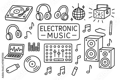 DJ Booth Doodle. Hand-drawn doodle illustration electronic music DJ booth, turntable, headphones, mixer, speakers, vinyl record, equalizer, laptop, neon sign,