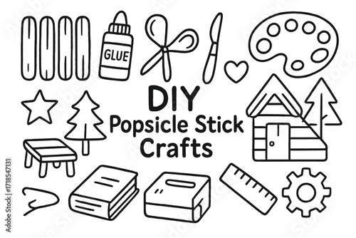 DIY Popsicle Stick Crafts. Hand-drawn doodle illustration DIY popsicle stick crafts popsicle sticks, glue stick, scissors, paintbrush, paint palette, star,