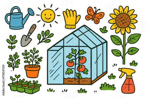 Colorful Greenhouse Doodle. Greenhouse. Colorful Hand-drawn doodle Children illustration Greenhouse glass house, tomato plant, sunflower, watering can, shovel,