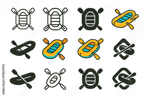 River Rafting Logos. Set Logo of river rafting adventure: inflatable raft with paddles. Logo set in vector style, emblematic variations. line, bold thick line,