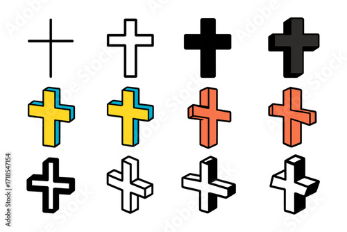 Cross Logo Variations. Set Logo of Cross Symbol: Latin cross. Logo set in vector style, emblematic variations. line, bold thick line, solid black filled, solid