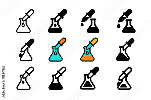 Flask Logo Set. Set Logo of Flasks: Flask and pipette icon. Logo set in vector style, emblematic variations. line, bold thick line, solid black filled, solid