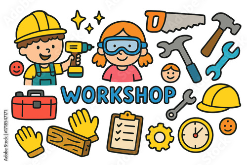 Colorful Workshop Doodles. Colorful Hand-drawn doodle Children illustration Workshop Operators drill machine, saw, hammer, wrench, toolbox, gloves, helmet,