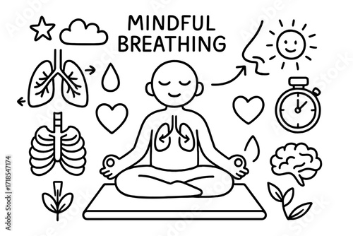 Mindful Breathing Doodles. Hand-drawn doodle illustration Mindful breathing meditation figure, lotus pose, lungs, arrows, nose, stopwatch, heart, star,