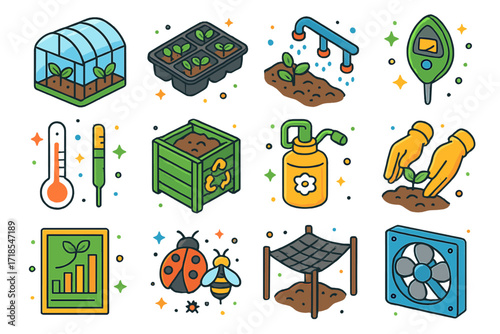 Greenhouse Management Icons. Greenhouse management. Colorful isometric vector icons set of greenhouse management: greenhouse, seedling tray, irrigation pipes,