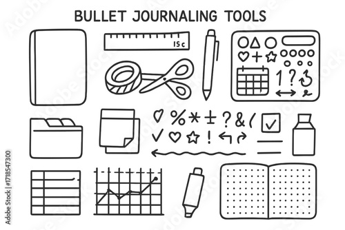 Bullet Journaling Essentials. Hand-drawn doodle illustration [bullet journaling tools] [dot grid notebook, ruler, pen, stencil, washi tape, scissors, calendar